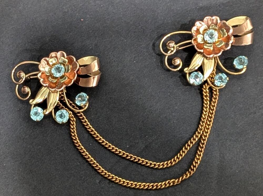 Vintage Van Dell 12K Gold Filled Aquamarine Rhinestone Sweater Guard Cardigan